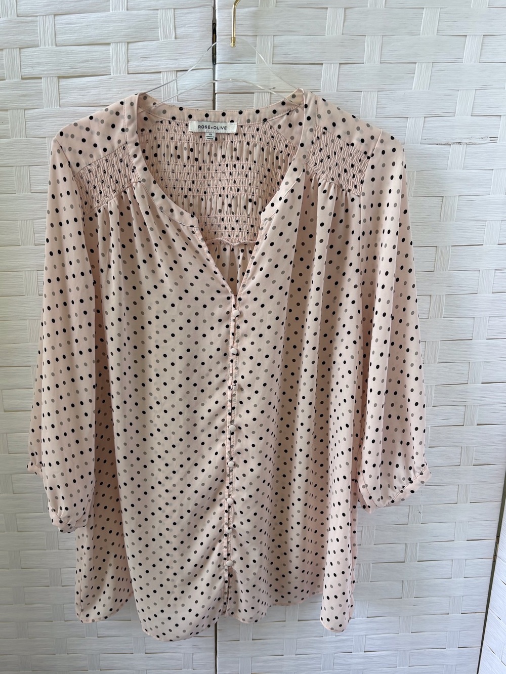Rose+Olive 1X 3/4 Sleeve Split Neck Blouse Smocked Polka Dot Pink Black Gray